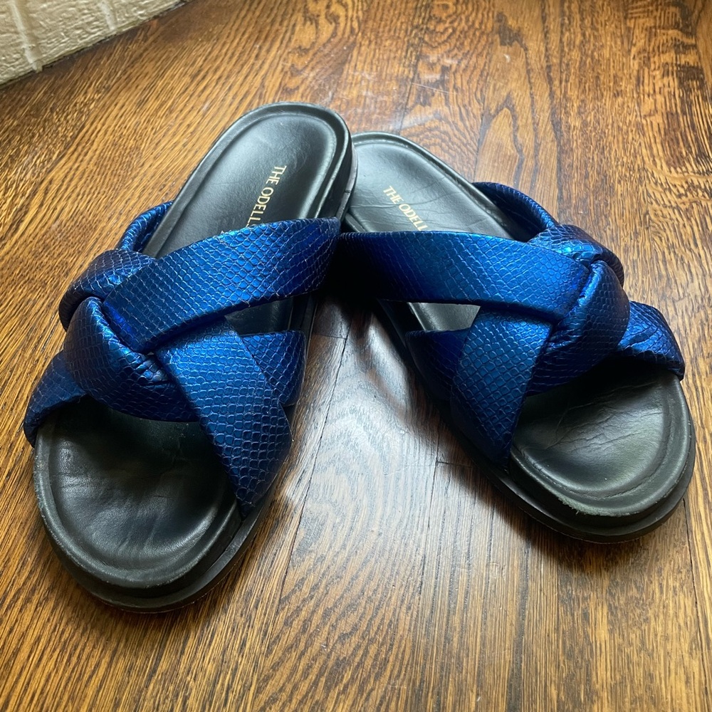 Anthropologie | The Odells Metallic Blue Slides | 9.5 / 41
